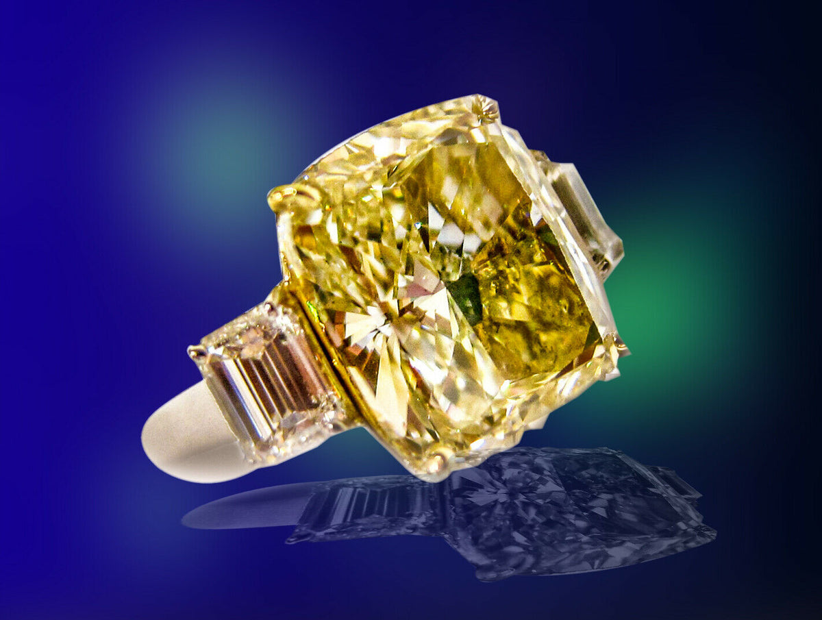 GIA Gemologist Fancy Yellow 10.06 Carat Cushion Cut Diamond Ring