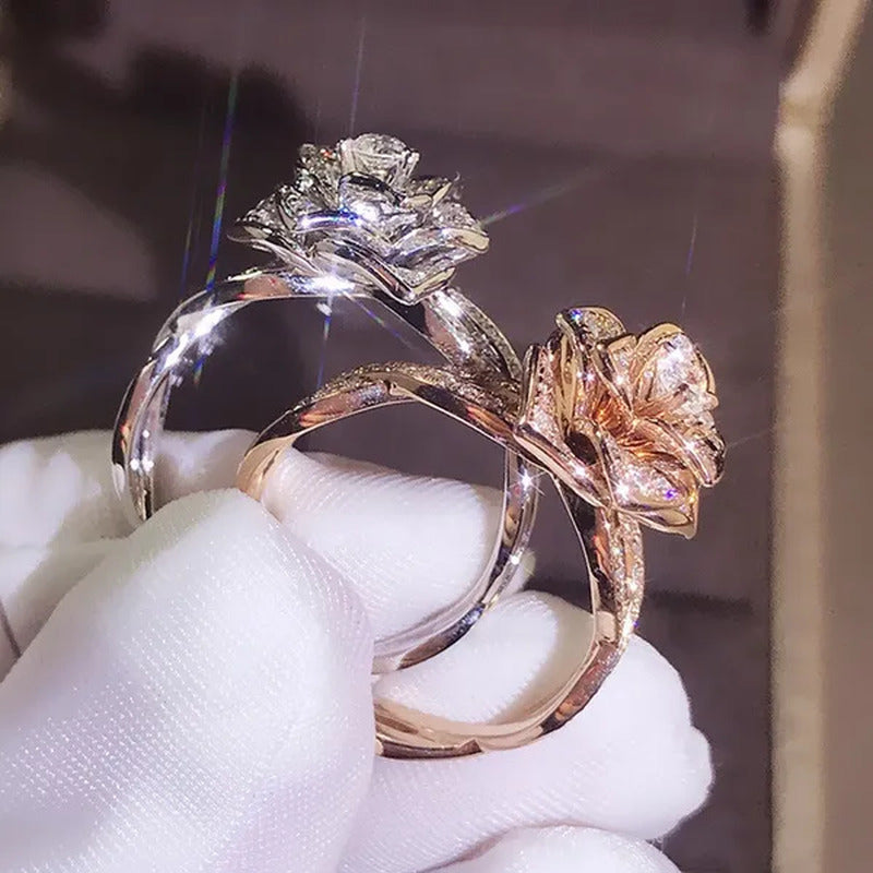 925 Silver Ring Plated Rose Gold Ring Rose Woman Wedding Ring Statement Crown Ri
