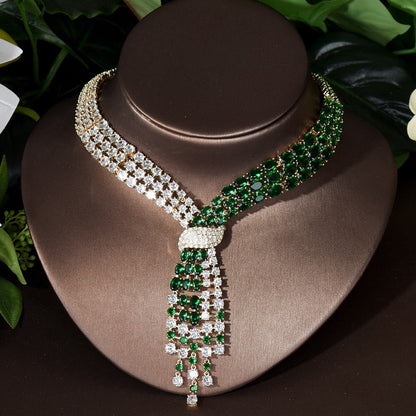 Fashion CZ Big Water Drop Green Color Women Bridal 2PCS Necklace