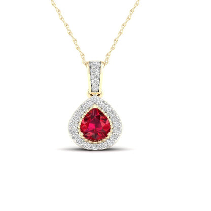 Imperial Gemstone 10K Yellow Gold Pear Cut Ruby 1/20 CT TW Diamond Halo Pendant