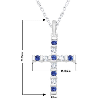 Cross Pendant Necklace round Cut 0.20 Simulated Blue Sapphire and 0.13 Natural D