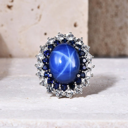 12X16Mm Lab Star Sapphire Rings 925 Silver Big Flower Rings with Lab Sapphire