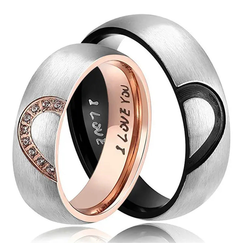 Diamond Half Peach Heart Stainless Steel Couple Rings Engagement Wedding Rings M