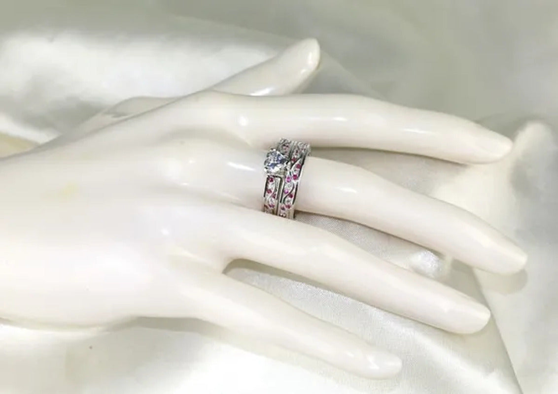 Heart 1Ct CZ Ruby 10KT White Gold Filled Claddagh Ring Sets Women'S Wedding Ring