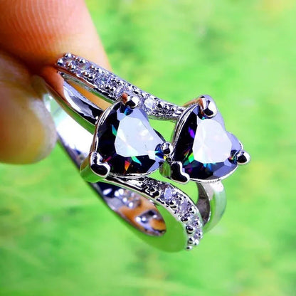 Exquisite 925 Sterling Silver Double Love Heart Rings Natural Sapphire Gemstones
