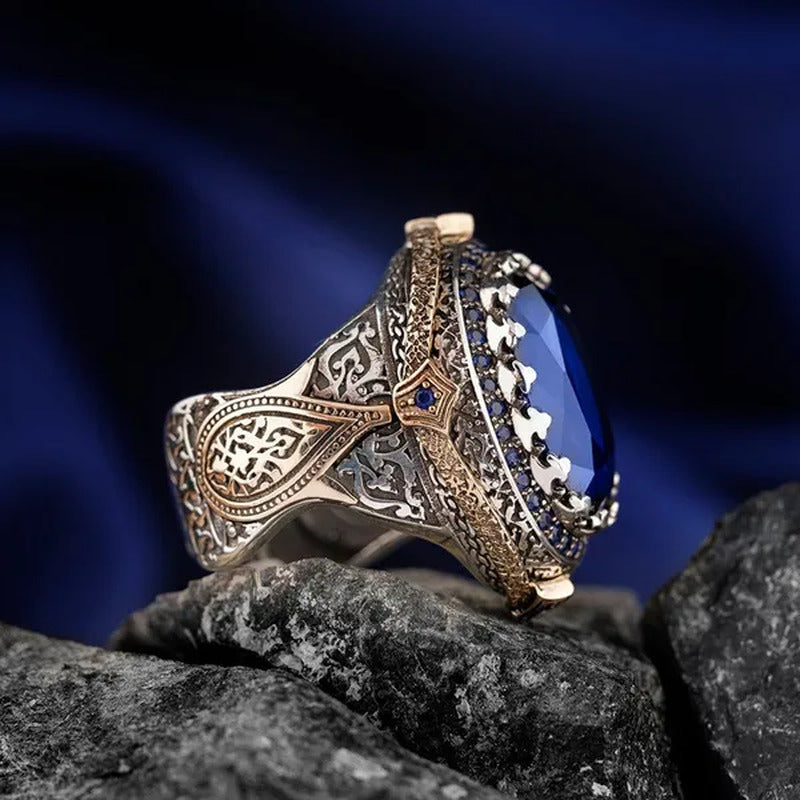 Luxurious Silver Color Blue Gem Men'S Ring Wedding Anniversary Gift Size 7-14