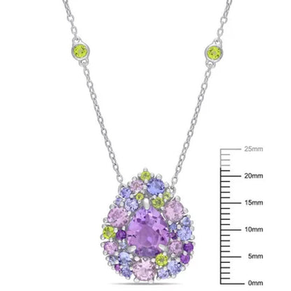 Tanzanite, Rose De France Peridot and Amethyst Station Mosaic Necklace in Sterli