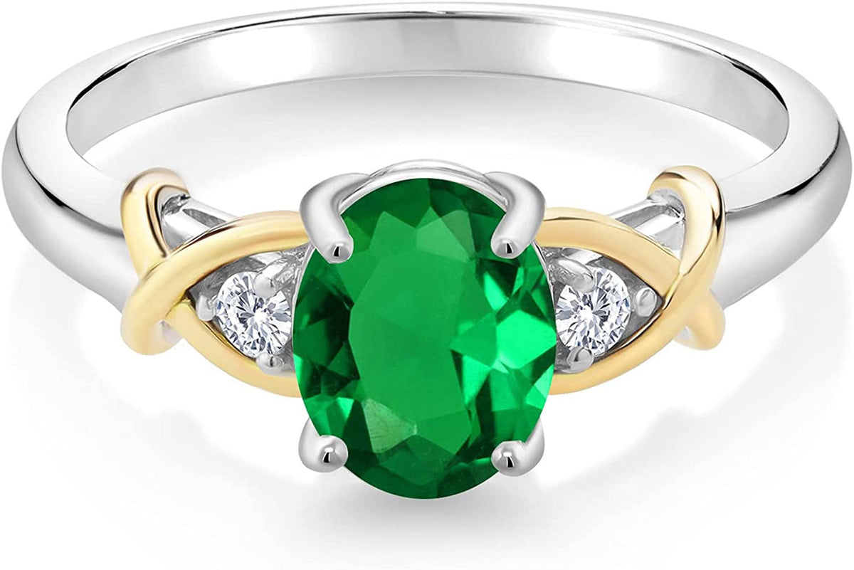 2 Tone 10K Yellow Gold and 925 Sterling Silver Green Nano Emerald and Lab Grown