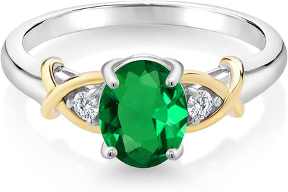 2 Tone 10K Yellow Gold and 925 Sterling Silver Green Nano Emerald and Lab Grown