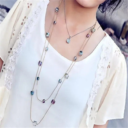 Women'S Square Long Chain Sweater Necklace Fashion Jewelry Double Long Tassel Ne