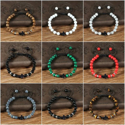 Handmade Natural Stone Wooden Beaded Bracelet Christian Jesus Cross Braided Brac