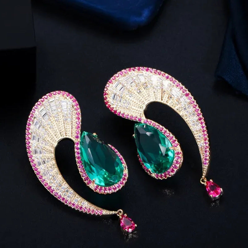 CANDICE Noble Micro Pave Tiny CZ Diamond Unique Leaf Shape Earrings with Emerald