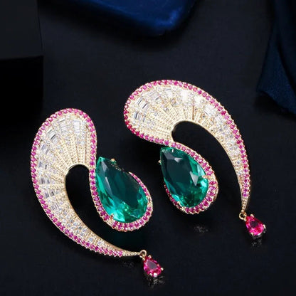 CANDICE Noble Micro Pave Tiny CZ Diamond Unique Leaf Shape Earrings with Emerald