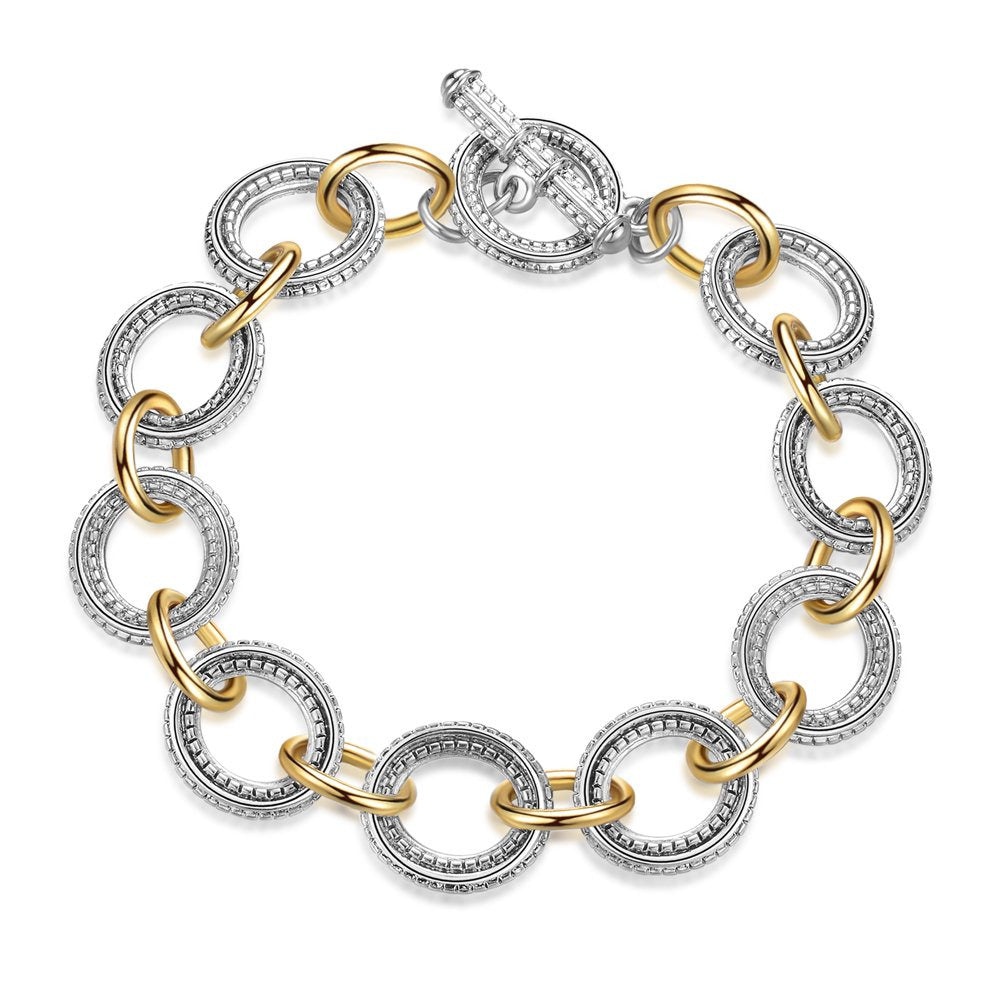 Link Bracelet Two Tone Circles Chain Silver and Gold Wire Cable Bangle Designer