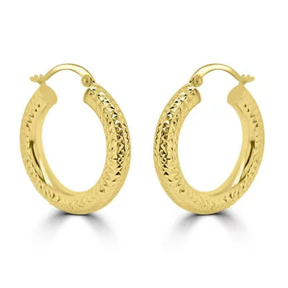 14K Yellow Gold Diamond Cut Hoop Earrings