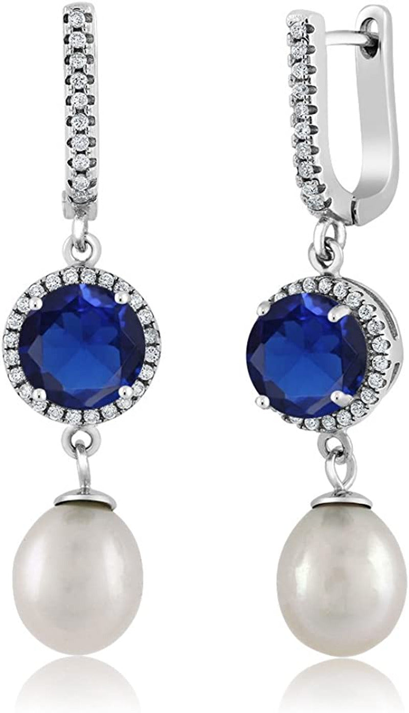 925 Sterling Silver 8MM round Simulated Sapphire and 11X8MM Cultured Freshwater