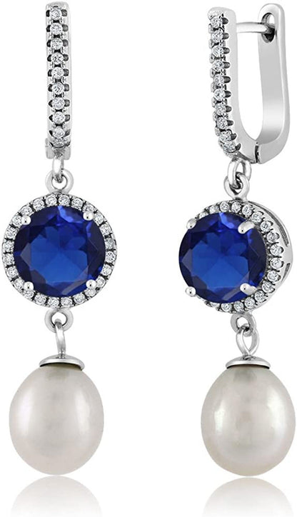 925 Sterling Silver 8MM round Simulated Sapphire and 11X8MM Cultured Freshwater
