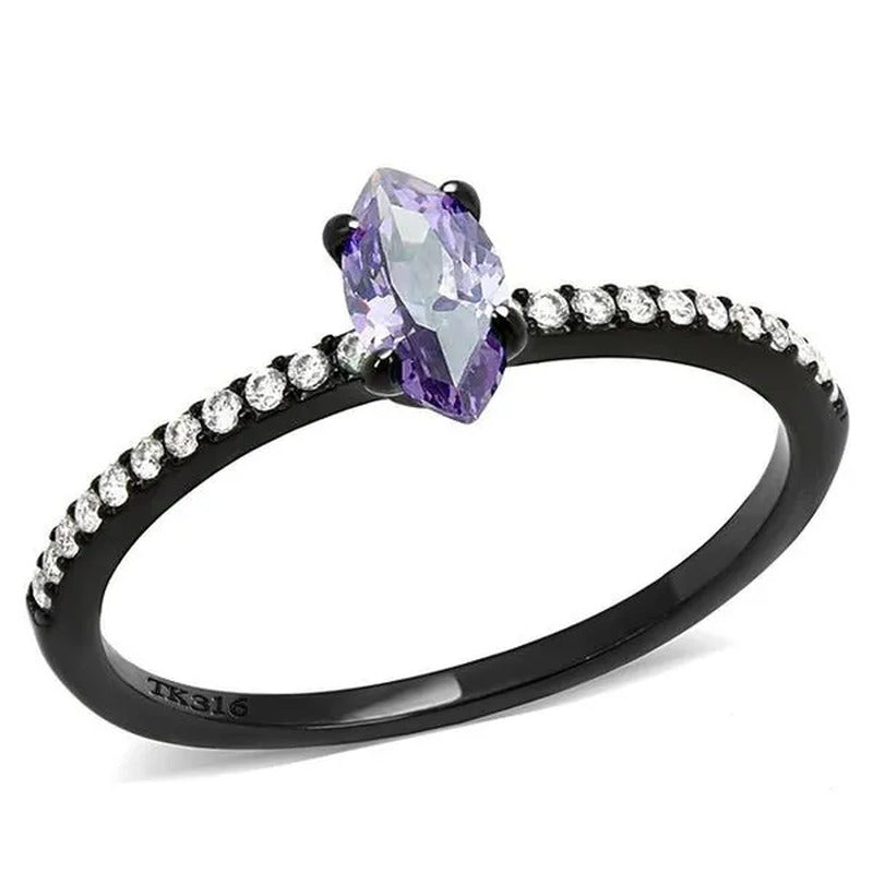 Women IP Black Stainless Steel Ring with AAA Grade CZ in Amethyst - Size 9