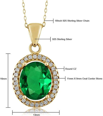 18K Yellow Gold Plated Silver Green Simulated Emerald Pendant Necklace for Women