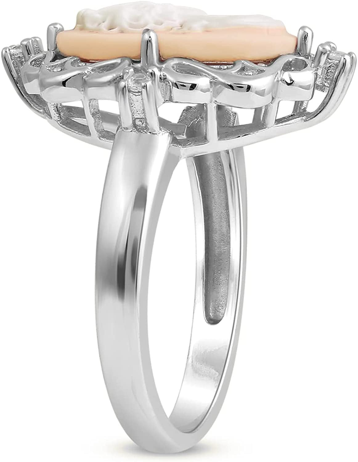 Pink Cameo Ring in Sterling Silver with round Created White Sapphire