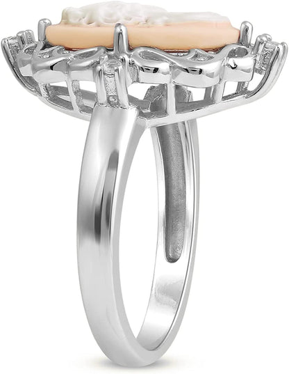 Pink Cameo Ring in Sterling Silver with round Created White Sapphire