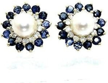 Vintage 14K Yellow Gold Plated 1.36Ct Sapphire Pearl Diamond Floral Stud Earring