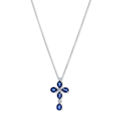 Zoccai 18K White Gold round Cut Diamond Blue Sapphire Cross Pendant Necklace