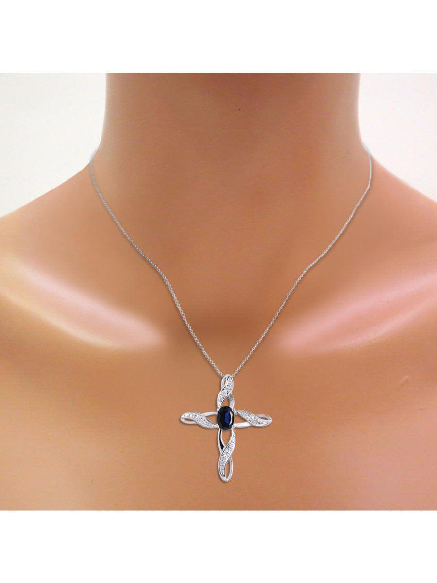 Diamond & Sapphire Cross Pendant Necklace Set in Set in 14K White Gold with 18"