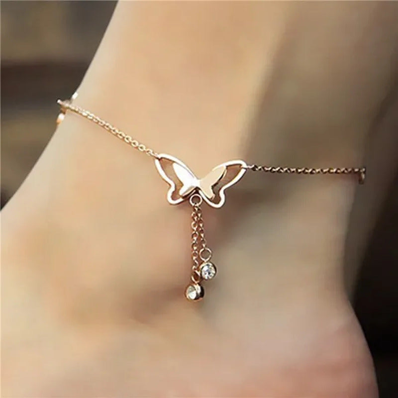 Women Beach Anklet Hollow Butterfly Double Drill Tassel Rose Bracelet Ankle Chai