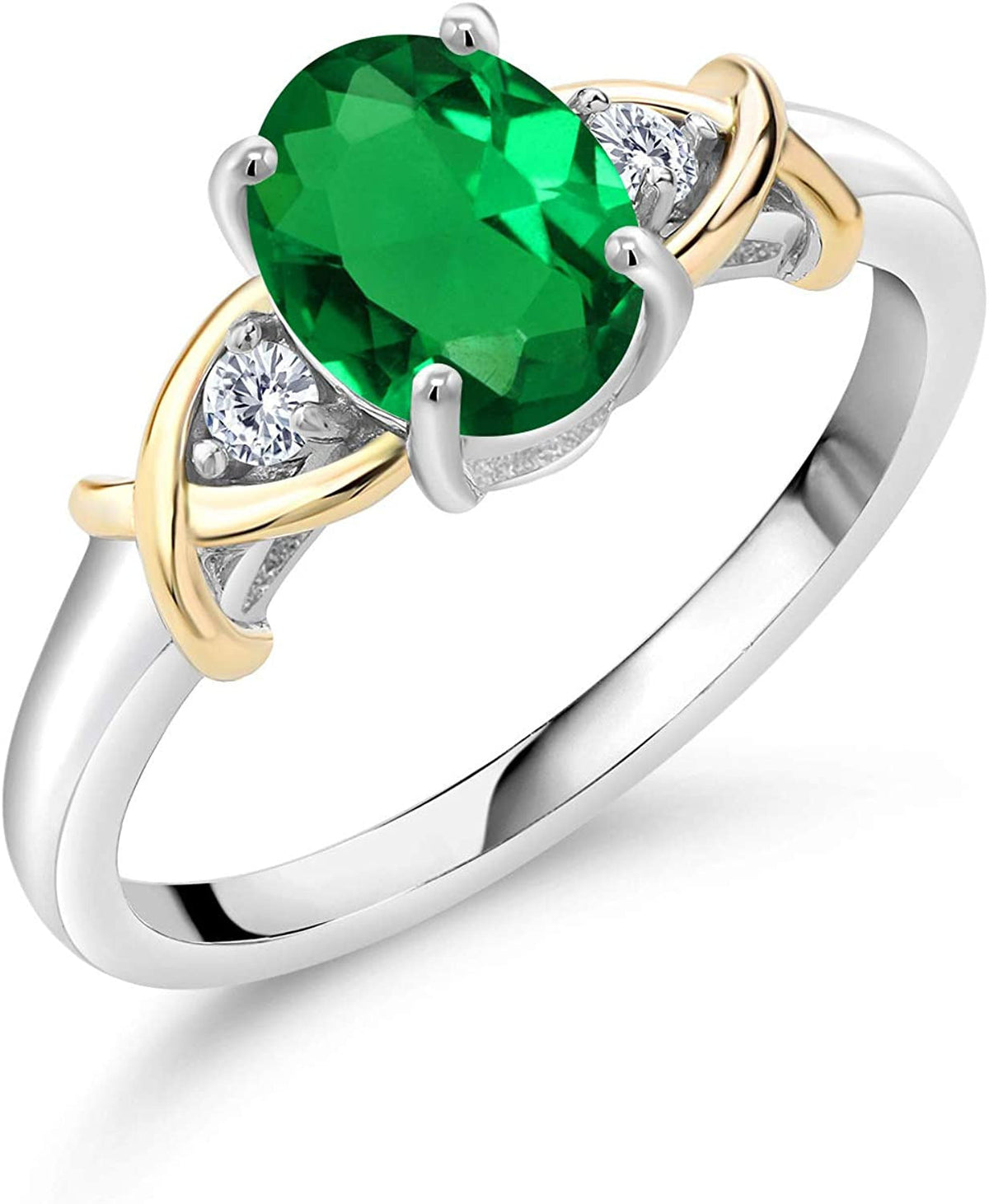 2 Tone 10K Yellow Gold and 925 Sterling Silver Green Nano Emerald and Lab Grown