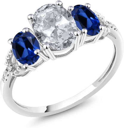 10K White Gold White Topaz Blue Created Sapphire and Diamond Accent 3-Stone Wome
