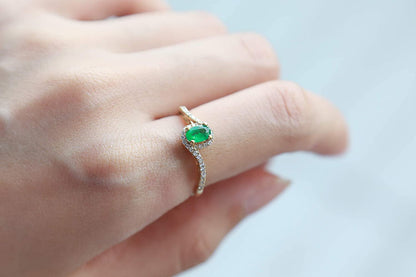 10K Yellow Gold Natural Zambian Emerald Ring with Natural Diamonds for Women | E