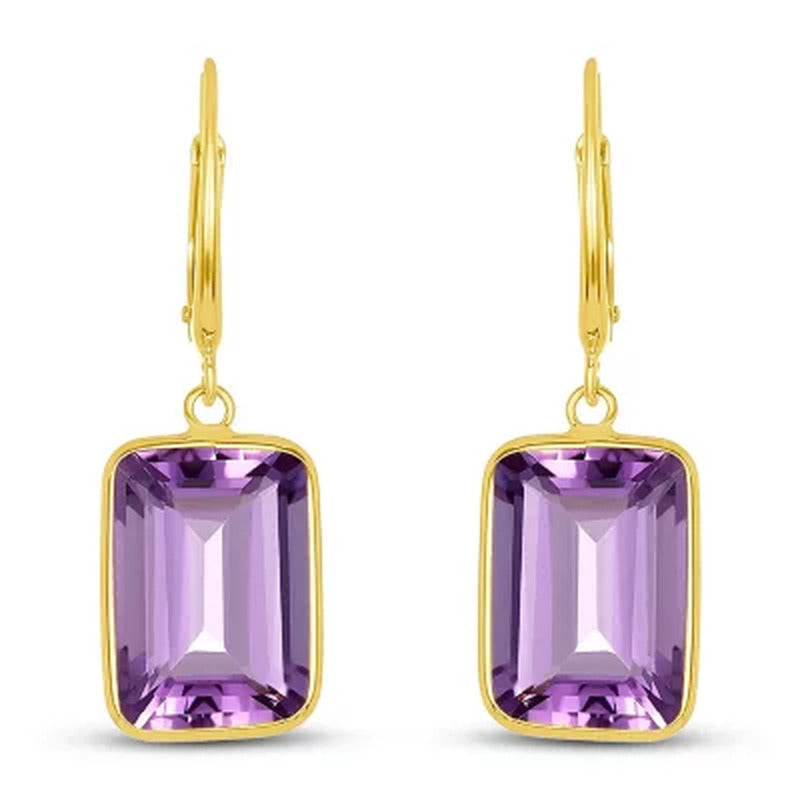 Emerald Cut Amethyst Dangle Earrings in 14K Yellow Gold
