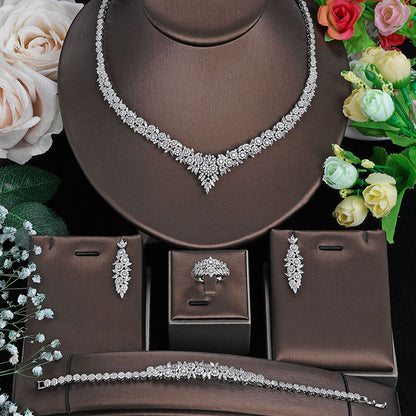 Popular Bridal Copper Zircon Necklace and Earrings Set of 4