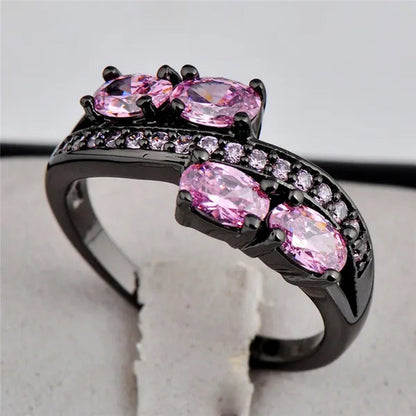 Princess Oval Pink Sapphire Black Gold Double Ring Luxurious Jewelry for Mulher