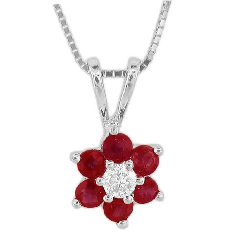 0.47 Ct. Flower Cluster Diamond and Natural Heated Ruby Pendant in 14K Gold