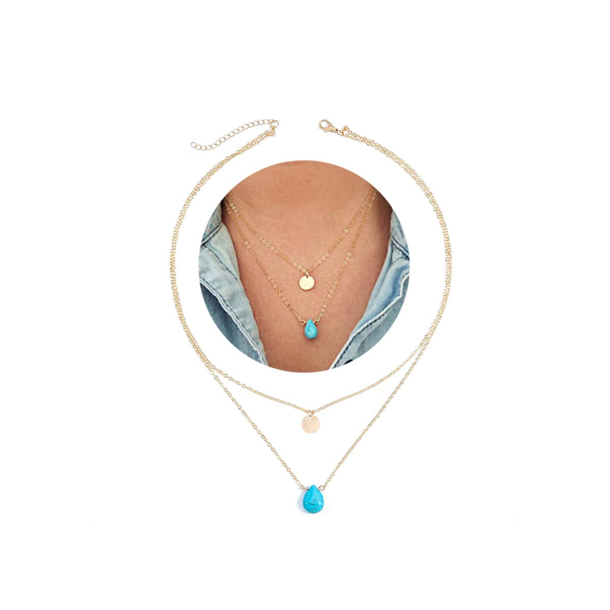 Boho Layered Turquoise Necklaces Gold Sequin Pendant Necklace Chain Jewelry for