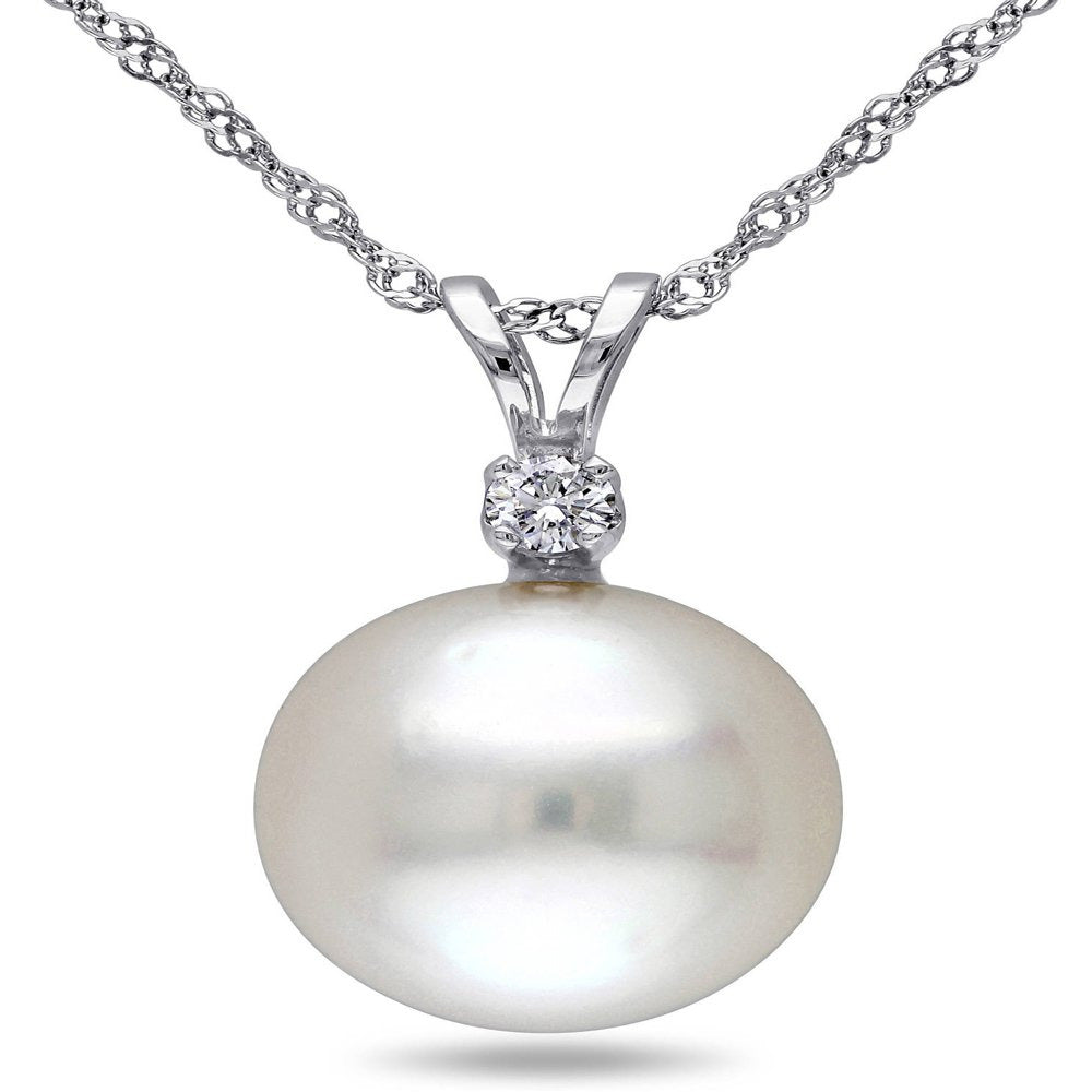 9-10Mm White round South Sea Pearl and Diamond-Accent 14Kt White Gold Fashion Pe