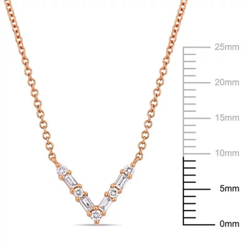 0.13 CT. T.W. Baguette and Round-Cut Diamond "V" Shape Necklace in 14K Rose Gold