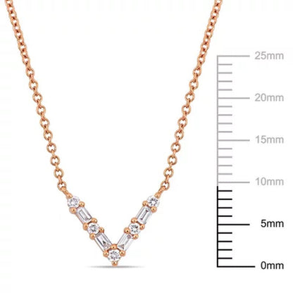 0.13 CT. T.W. Baguette and Round-Cut Diamond "V" Shape Necklace in 14K Rose Gold