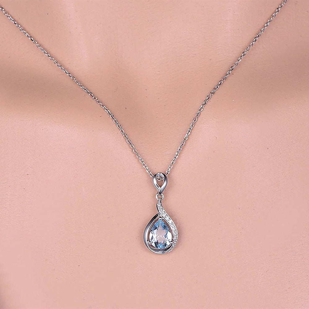 Ice Out Diamond Necklaces Drop Shaped Blue Zircon Clavicle Chain Necklace Birthd