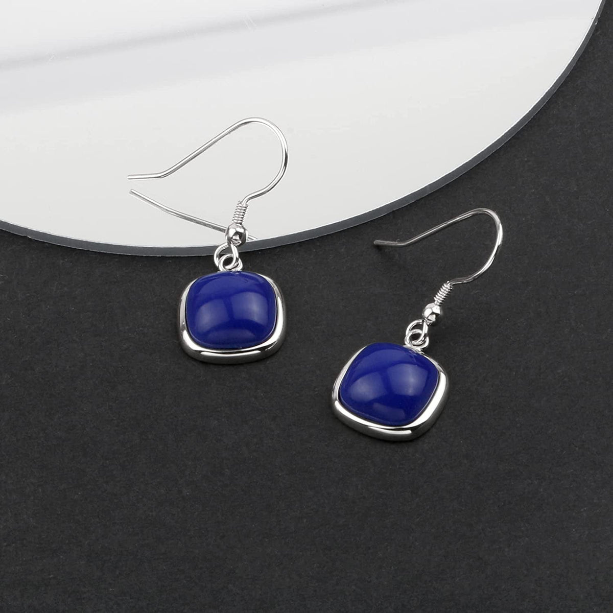 Sterling Silver Square Cabochon Blue Lapis Lazuli Earrings for Classy Women