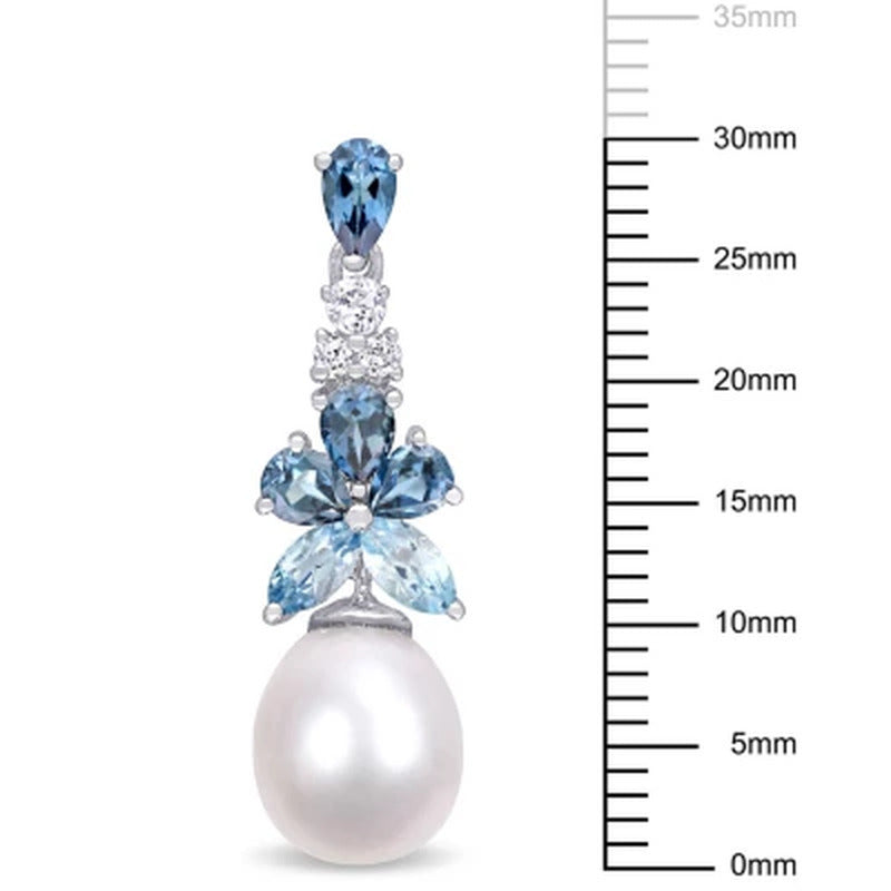 8.5 - 9 MM White Freshwater Cultured Pearl, London-Blue Topaz, Sky-Blue Topaz an