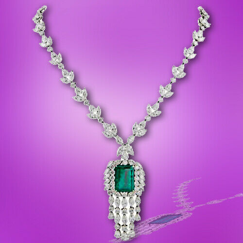 GIA CERTIFIED 100% NATURAL EMERALD 20.14X14.55X9.82MM MULTI DIAMOND NECKLACE
