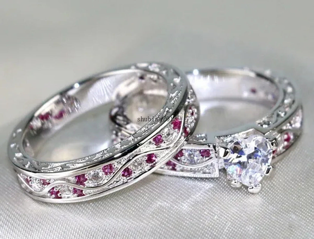 Cocktail Ring Heart CZ Ruby 10KT White Gold Filled Women'S Wedding Ring Sets Sz6