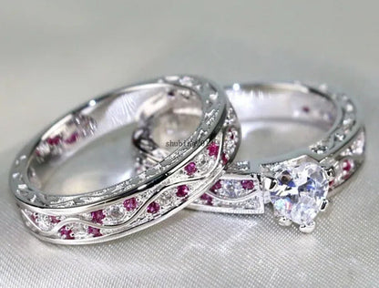 Cocktail Ring Heart CZ Ruby 10KT White Gold Filled Women'S Wedding Ring Sets Sz6