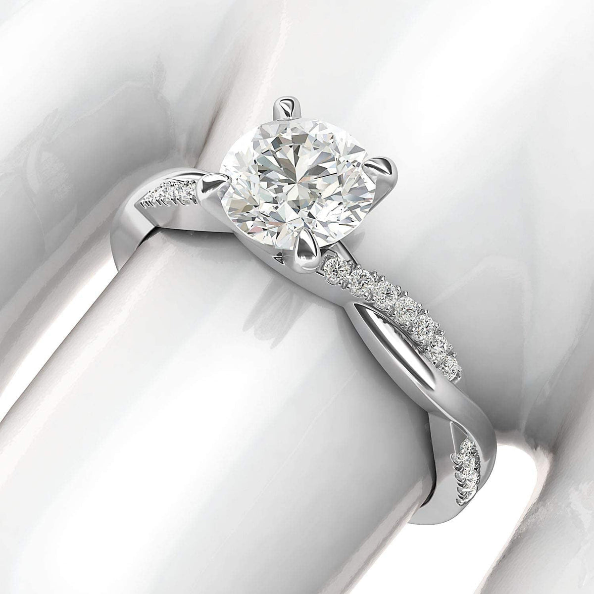 Solid 14K White Gold 4-Prong Petite Twisted Vine Simulated 1.0 CT Diamond Engage