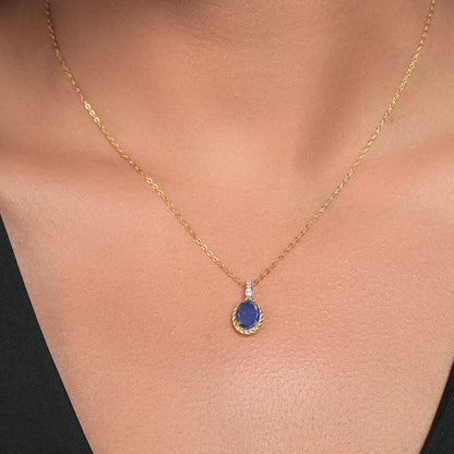 2.04 Ct Oval Blue Lapis White Diamond 10K Yellow Gold Pendant with Chain