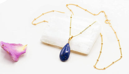 14K Gold-Filled Satellite Chain Necklace with a Smooth Lapis Lazuli Pendant, 18"