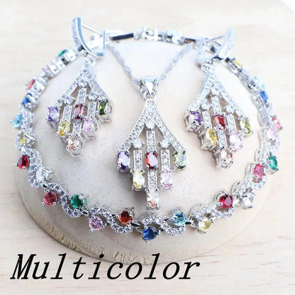 Blue/Red/Green/Purple Zircon 925 Silver Jewelry Set for Women